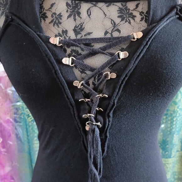Gothic Lace Black Asymmetrical Halter Lip Service Top - Picture 2 of 8